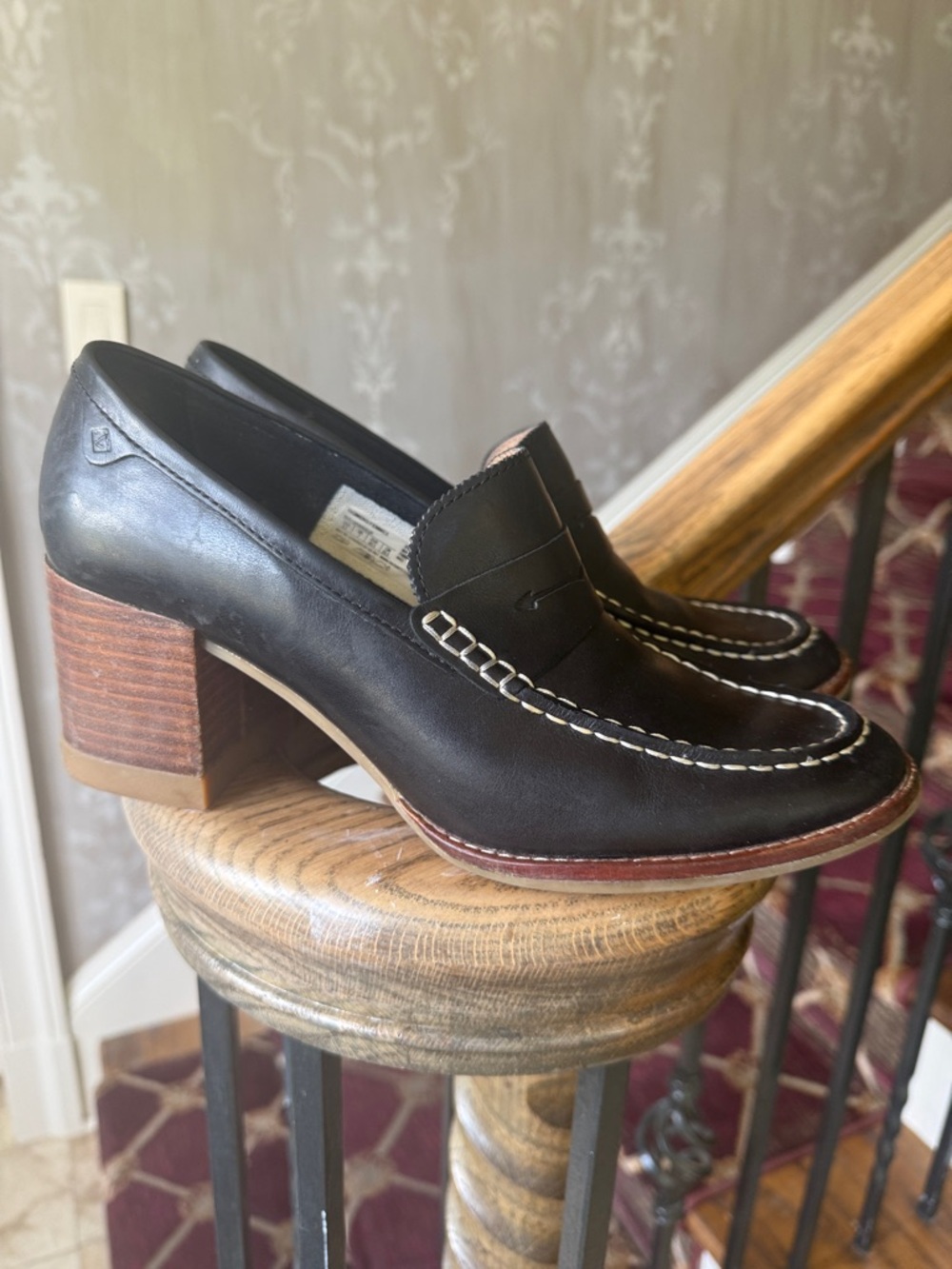 Sperry Black Leather Penny Loafers with Stacked Brown Heel 9.5 - Picture 2 of 16